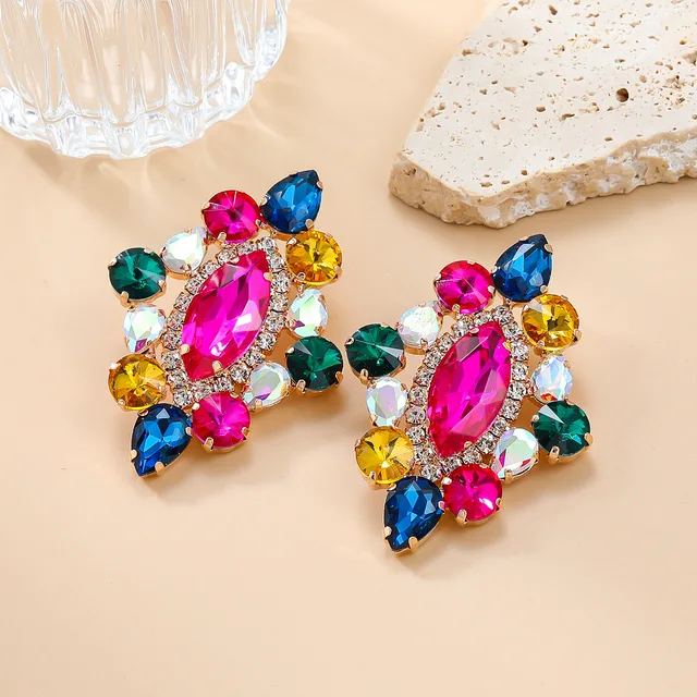 2024 Heavy Industry Colorful Diamonds Flower Female exaggerated Claw Chains Bridal Jewelry wholesale Stud Earrings for Women