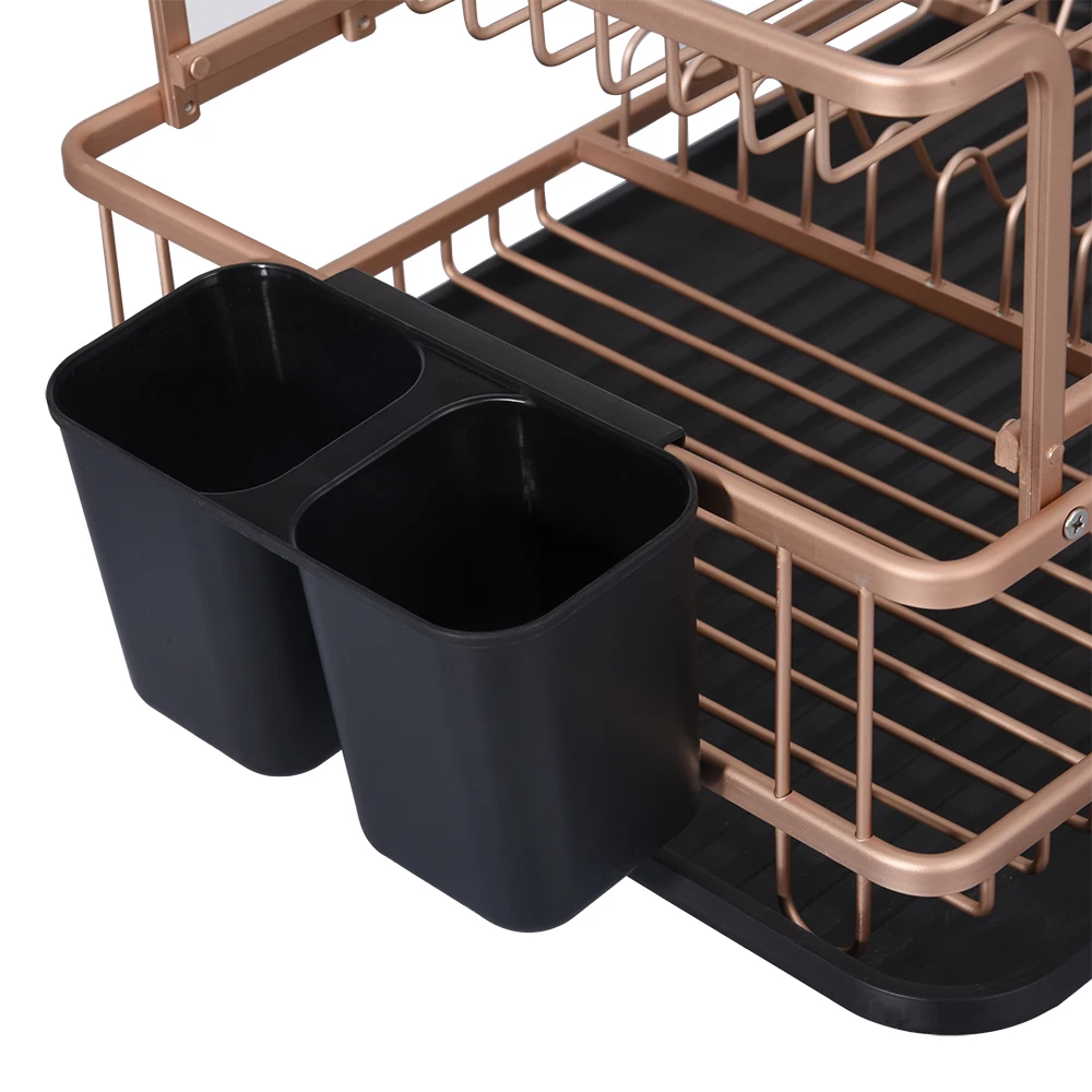 Kitchen Rose Gold Dish Rack Aluminum 2 Layer Dish Rack Organizer With