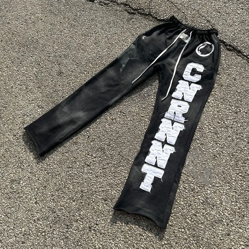 Custom Flared Joggers Applique Graphic Embroidered Patches Stacked Flare Baggy Sweatpants Acid Wash Jogger Men Flared Pants gallery 4