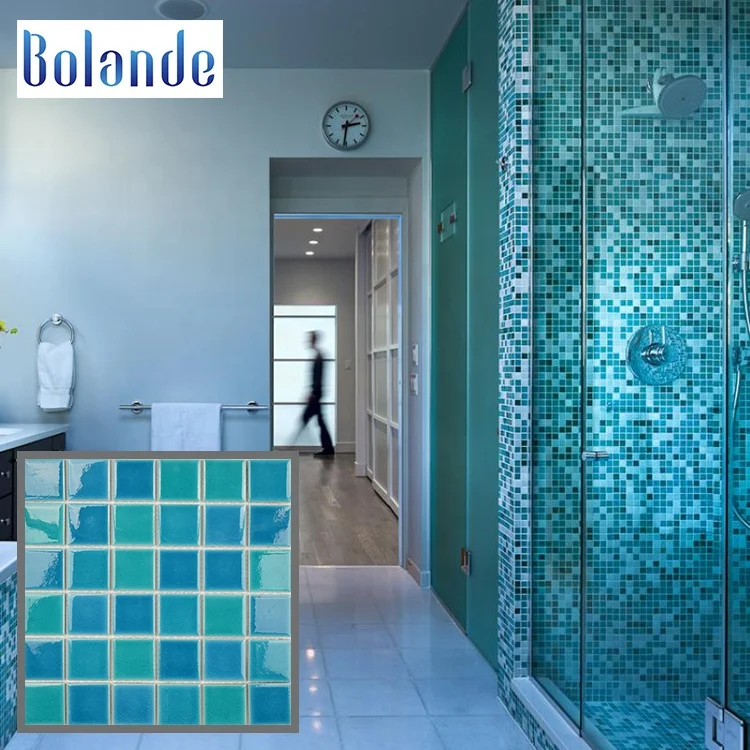 Wholesale Porcelain Ice Crackle Mosaic Tile 300x300 Glazed Aqua Blue Ceramic Mosaic Swimming Pool Tiles