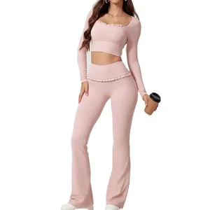 LANGHE Custom High Quality Quick Dry Yoga Gym Wear Quality Recycled Long Sleeve 2 Piece Yoga Set Gym Fitness Sets for Women