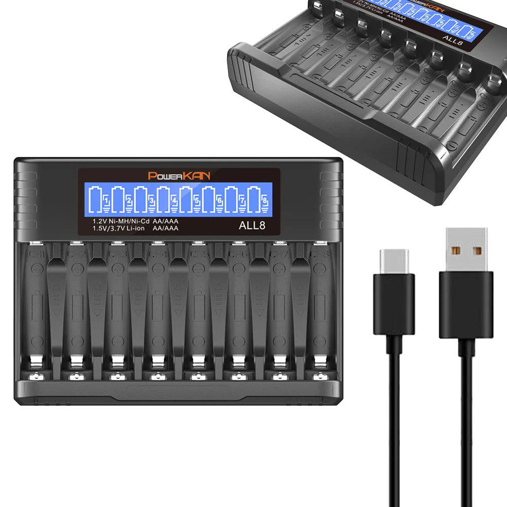 POWERKAN ALL8-B LCD 1.2v Ni-MH Battery Charger AA AAA1.5V Lithium Battery Charger Eight-slot Charger