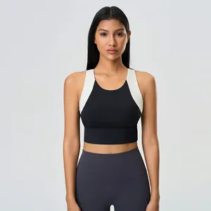 Custom Logo Yoga Active Wear Slimming Tank Tops Contrast Color Wide Shoulder Breathable Stretchy Sports Bra with Padded