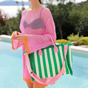 New Fashion Customized Logo Summer Beach Large Capacity Shoulder Bag  Personalized Stripe Terry Beach Tote Bag