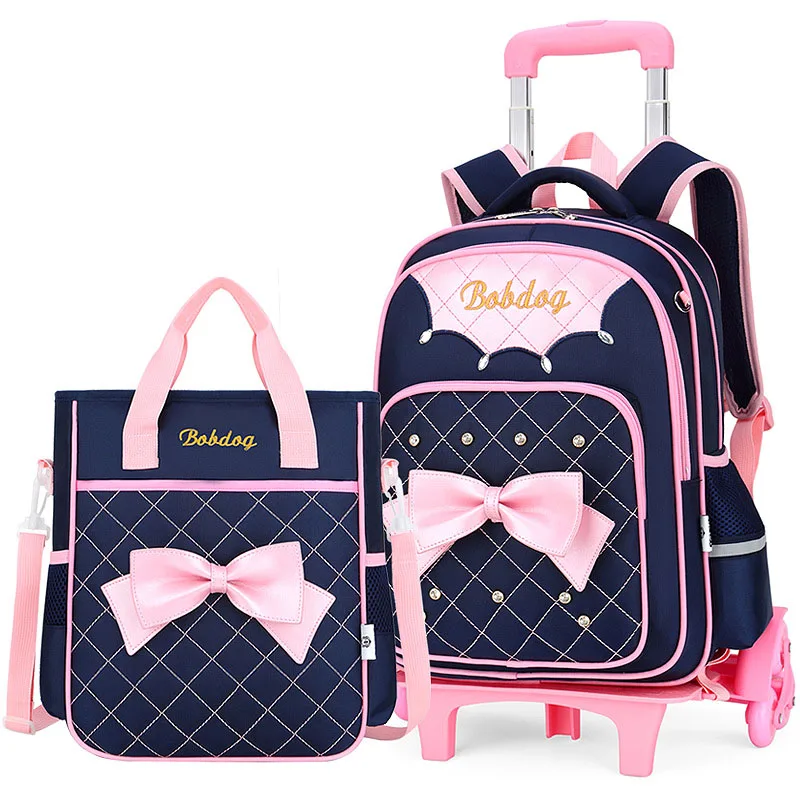 Waterproof Trolley Kids School Bags with Wheels Chinese Factory Custom Logo 6-12 Years Old Diamond Girls Primary School 20-35L