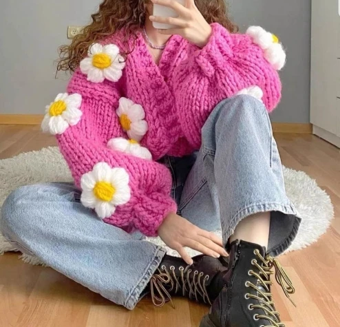 3D fiori cardigan corti spessi caldi Vintage autunno inverno donna