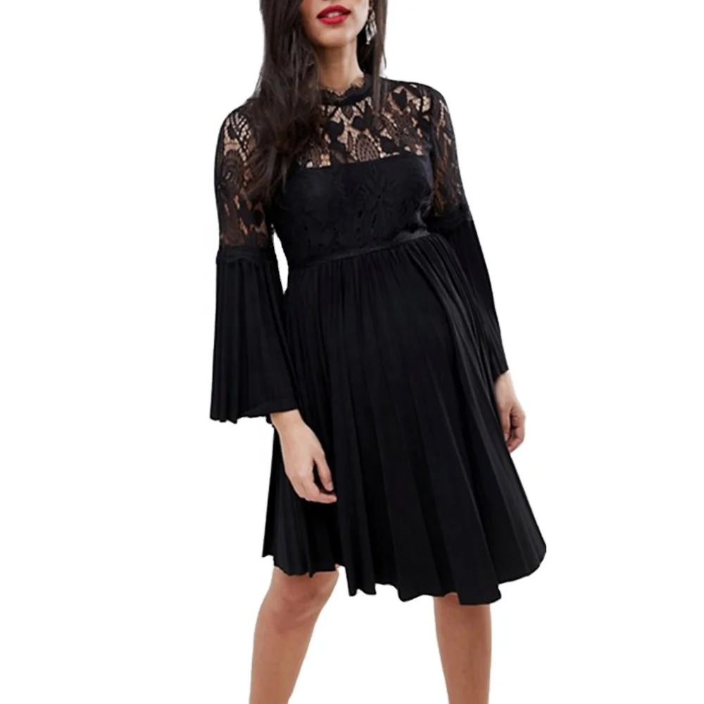 Elegant Black Lace Pleated Midi Skater Pregnancy Dress for Women Lady  Maternity Clothing