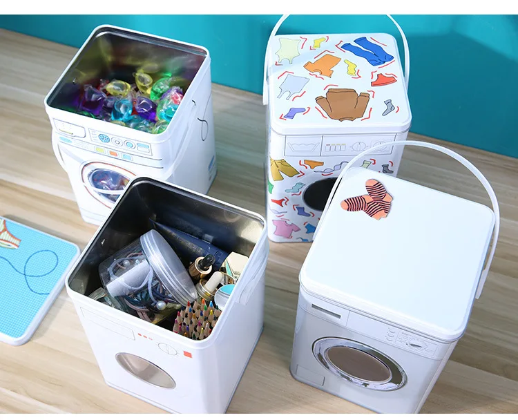 Custom Washing Machine Shape Laundry Powder Laundry Detergent Storage Tin Box with Plastic Handle and Body Window