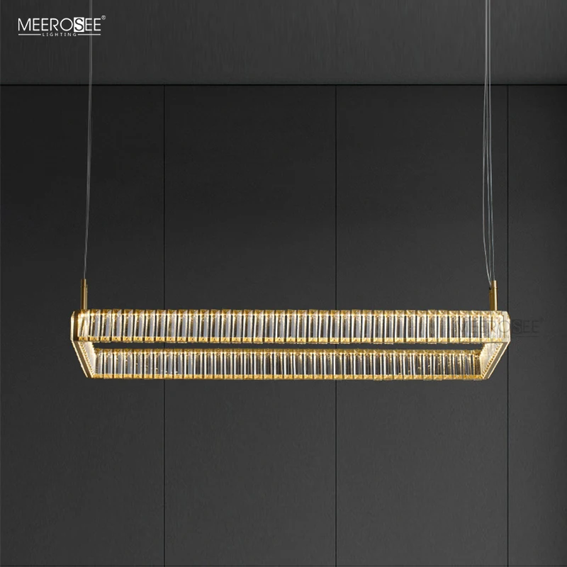 MEEROSEE Golden Pendant Lamp Copper Crystal Chandelier Light Square Rectangle Hanging light for Dinning Living Room MD87222