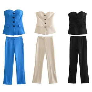 Customize Female Fashion Streetwear Sets Front Button Strapless Sexy Tank Tops + Side Slit Trouser Women Elegant Solid Pant Suit