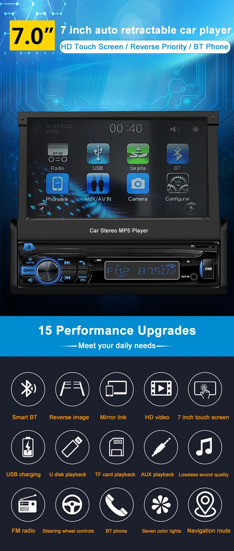 7" Full Touch Screen Car Audio Mp5 Player Car Tv Video Monitor With Bt Mirror Link Fm Radio