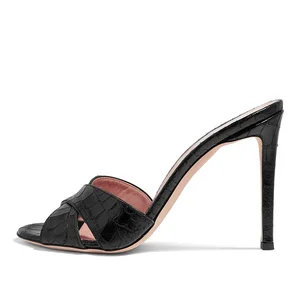 2019 Ladies Peep Toe Mules Women Black High Heel Sandals