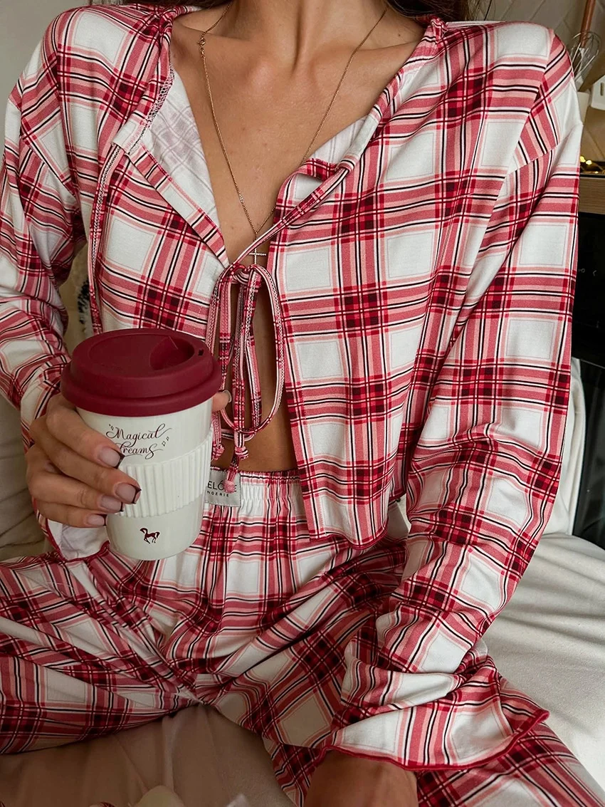 Breathable Plaid Women Pajama Set Long Sleeve Full Length Knitted Polyester Christmas Sleepwear — detail