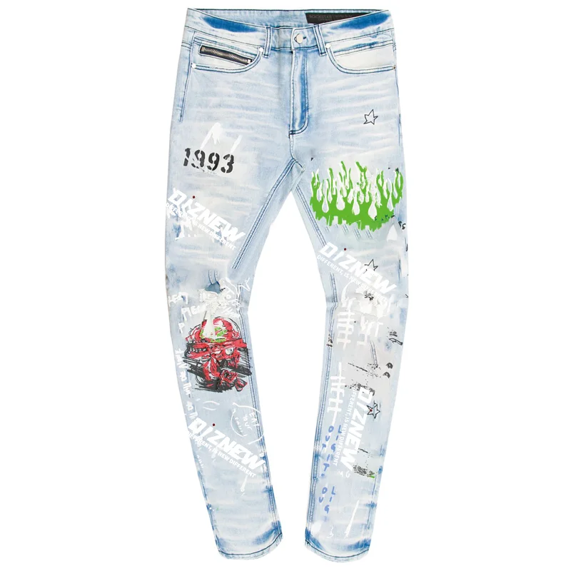 DiZNEW Custom Silk Screen Printing Design Fashion Pants Youth Party Blue Brushed Denim Jeans