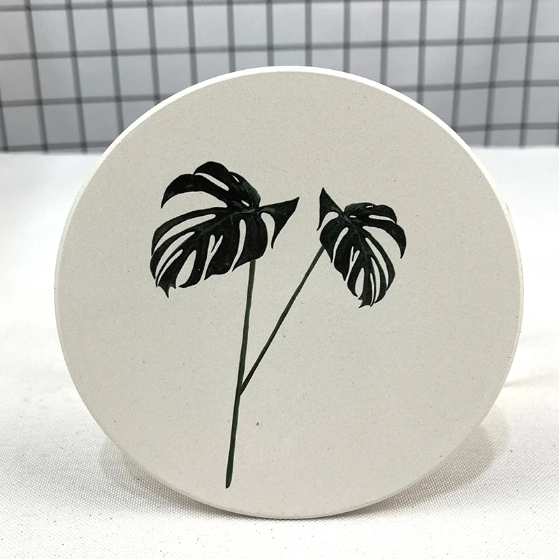 Free Sample White Ceramic Round Tile Coasters and Cup Mats Leaf Design Blank with UV Printing or Sublimation