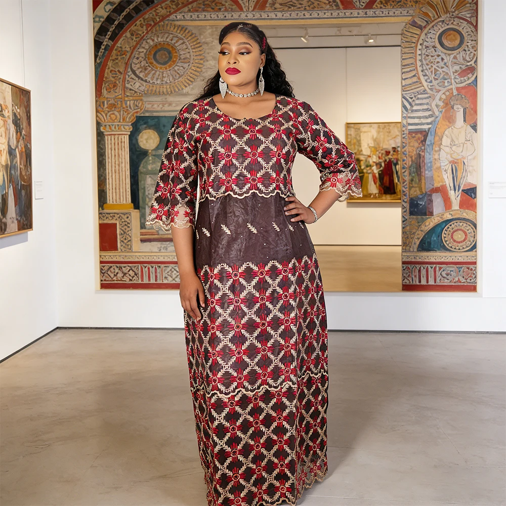 Bazin Riche African Dresses With Embroidery H&D SP-132 New Design African  Dresses Embroidery Bazin Riche Long Dress For Women