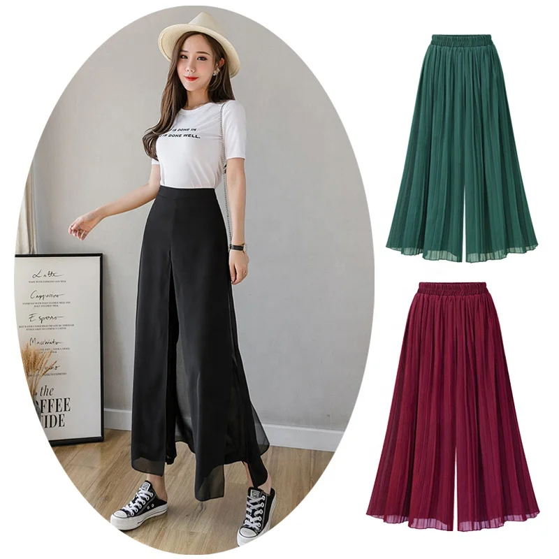 Women chiffon trousers/Wide leg pants/chiffon skirt pants/black pants/high waist trousers/elastic waist Pants/Plus Size pants 2024 P0018