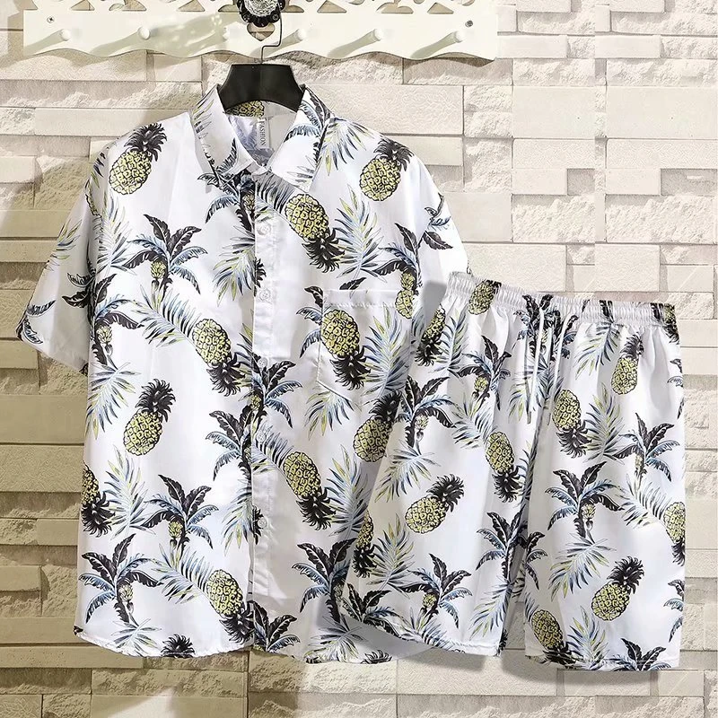 Men's Summer Silk Suit Short Sleeve Casual Button Down Shirt Swim Trunks 2 Piece Set Fit Outfits Beach Shirts