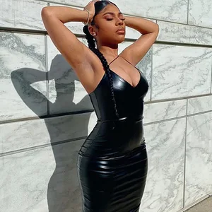 2026 Summer Women's PU Leather V-Neck Dress Slim Sexy Backless Strap Casual Solid Pattern Plain Dyed Washable