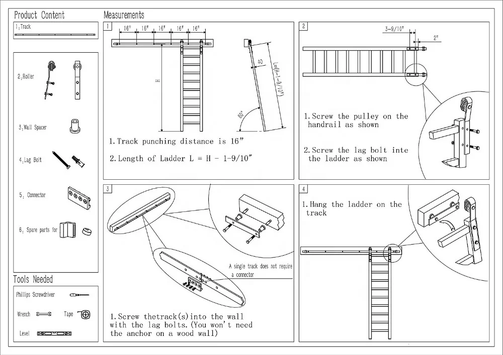 Rustic Black Wood Sliding Library Steel Hardware for Ladder ( No Ladder )