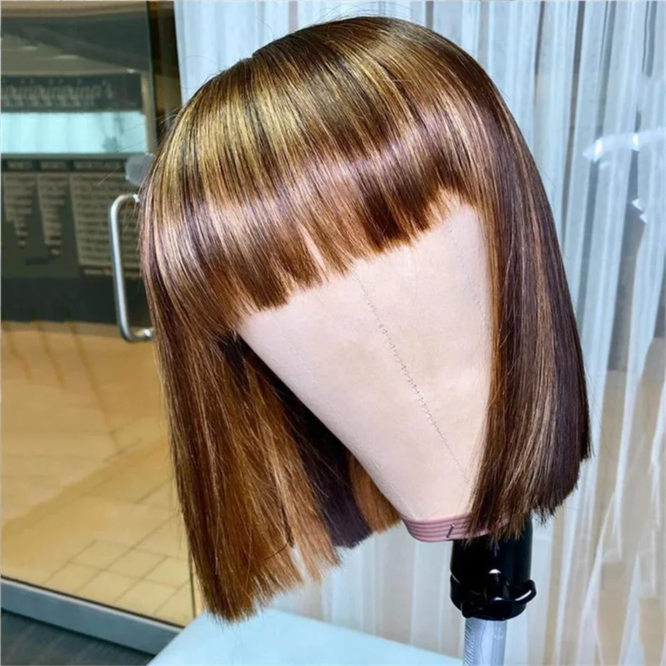 180 Density Full Machine Wigs Highlight Brown Colored Bone Straight Human Hair Bob Wigs 4 27 Human Hair With Bangs For Women_voghion.com