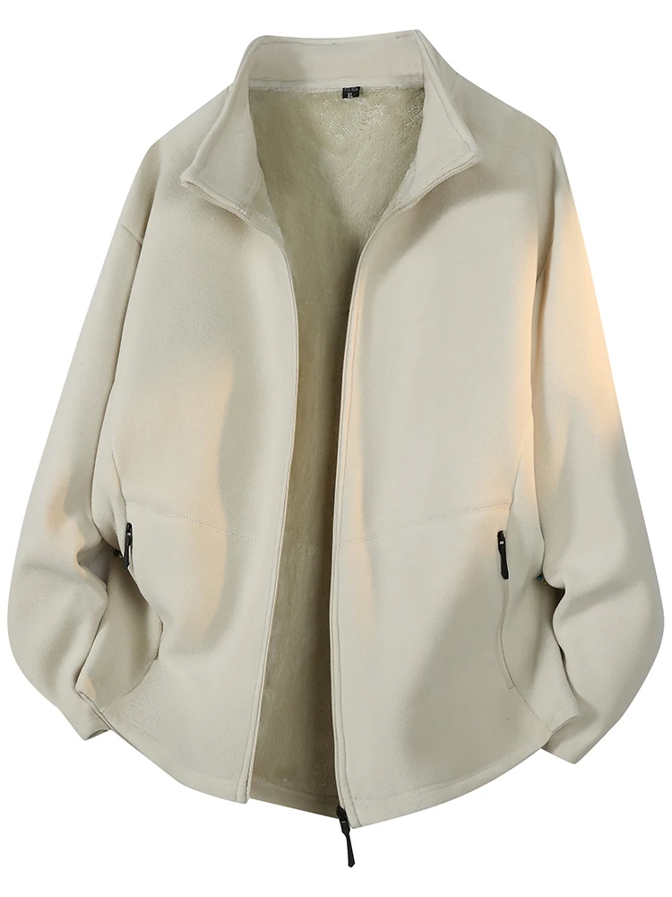 Double-sided wool jacket with stand-up collar, windproof, zipper closure, warm, winter casual coat, unisex, three-in-one warmth.