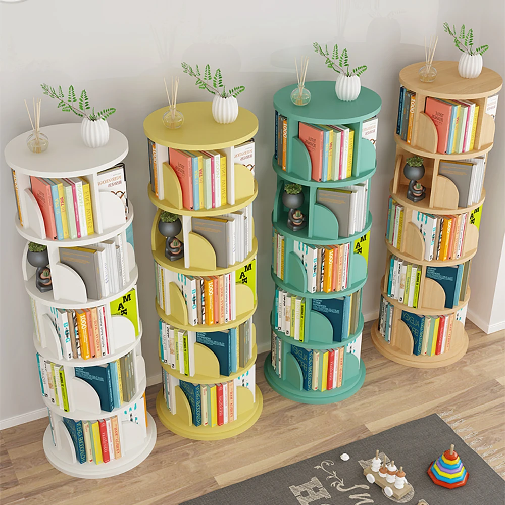 Pine and Walnut Wooden Solid Lacquered Montessori Round Rotatable Reading Nook Scandinavian Unique Diy logo Children Bookcase