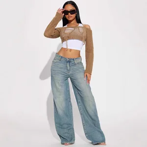 2026 Spring New European American Cross-Border Vintage Boot Cut Denim Women Embroidered Stretch Washed Mid Waist Regular Fit