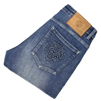 Men's pants wholesale double craft heavy industry wash three-dimensional embroidery stretch soft straight jeans