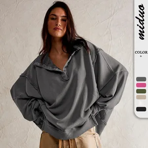 Rib Vintage Distressed Hoodie Side Slit Loose Puff Sleeve Terry Reverse Weave Hoodie Snap Button Women's Hoodies and Sweatshirt