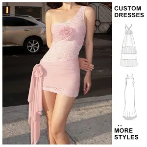 Elegant Modern One - Shoulder Pink Dress 3D Floral Applique Lace Panel Asymmetric Ruffle Hem Party Outfit