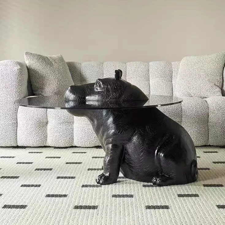 Modern Animal Coffee Table Round Statue Black Hippo Giant Rhino Sculpture Home Apartment Glass Coffee Table for Decor