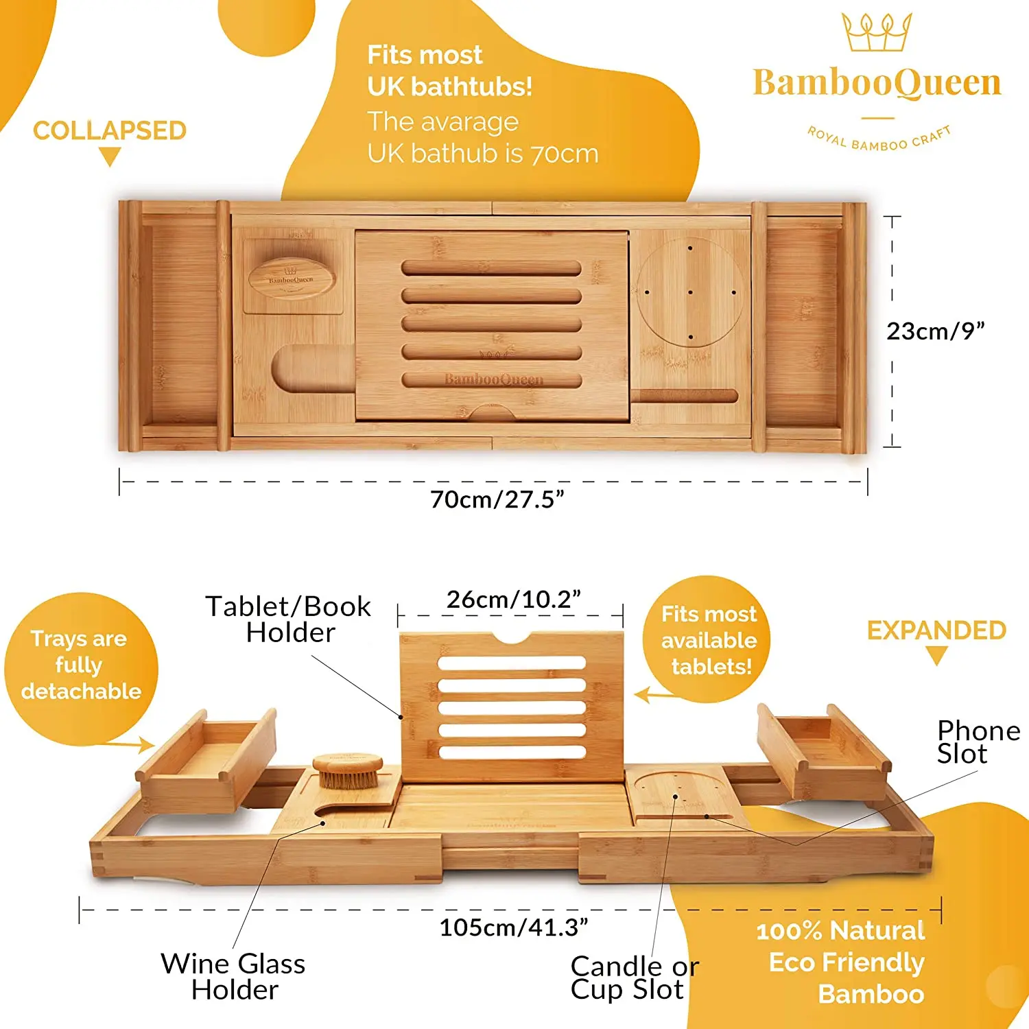 Yczm Hottest Ecofriendly Expandable Bamboo Bathtub Caddy Bath Bathroom