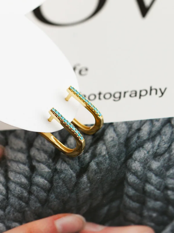 Women's S925 Sterling Silver Hoop Earrings U-Shape Light Luxury Blue Turquoise Charm with Gold Plating Fashion Jewelry