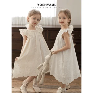 YOEHYAUL LX0183 Girls Romantic Wavy Side Dress 2026 Summer Newest Sweet and Cute Solid Color Embroidered Dress