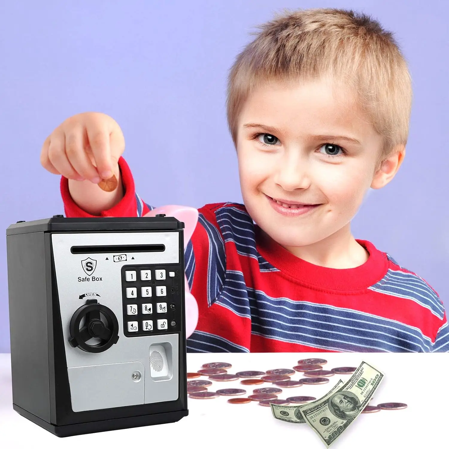 Mini ATM Savings Bank for Real Money, Electronic Voice Piggy Banks, Fingerprint Password, Kids Safe Box, Cool Stuff Gift