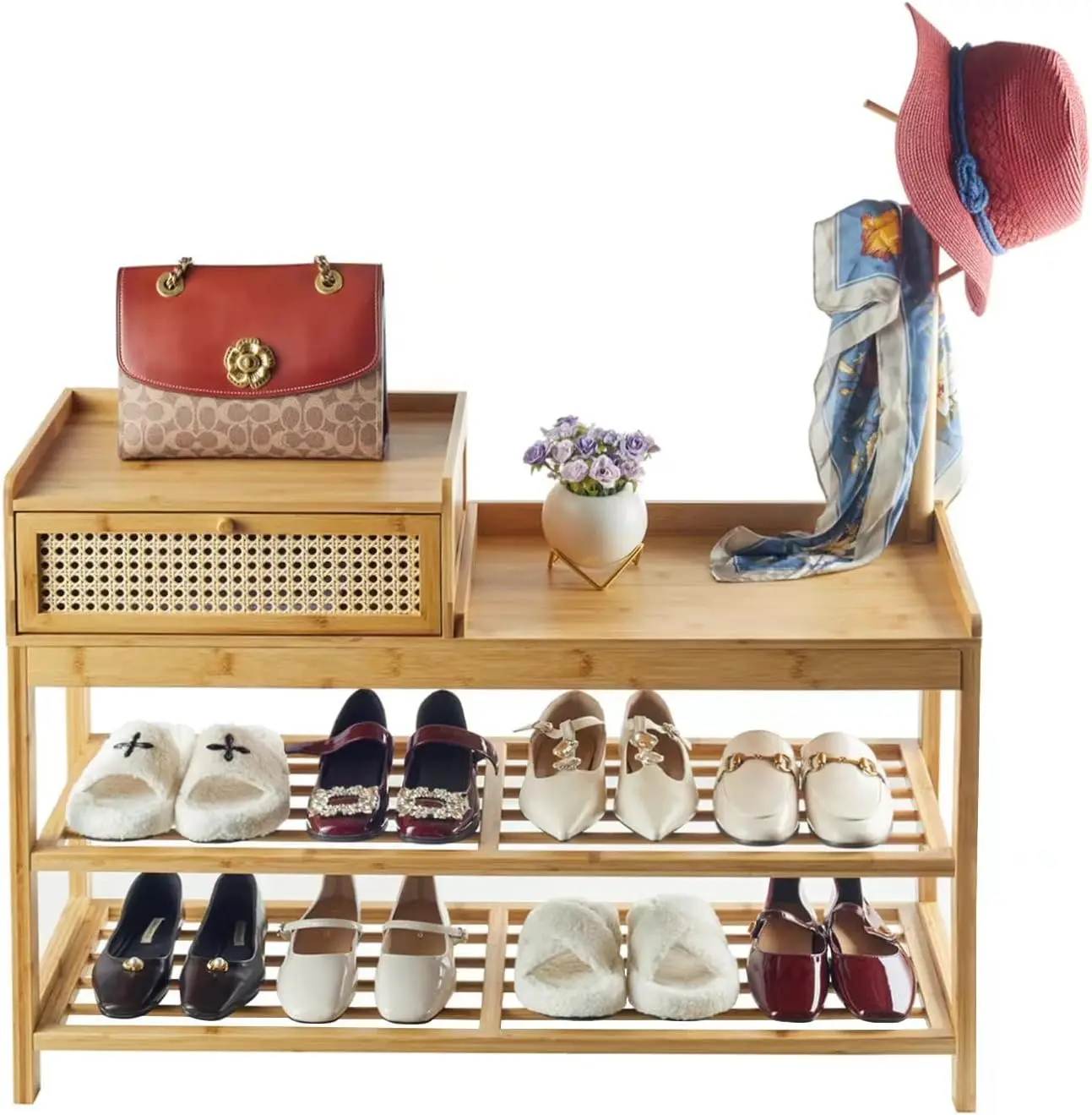 Freestanding Wooden Storage Bamboo Shoe Rack Cabinet Organizer with Coat Tree and Seat for Bedroom and Living Room