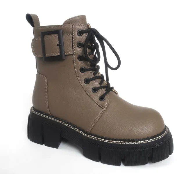 YZY wholesale OEM Women classy Grey PU lace-up zip and buckle style martin boots