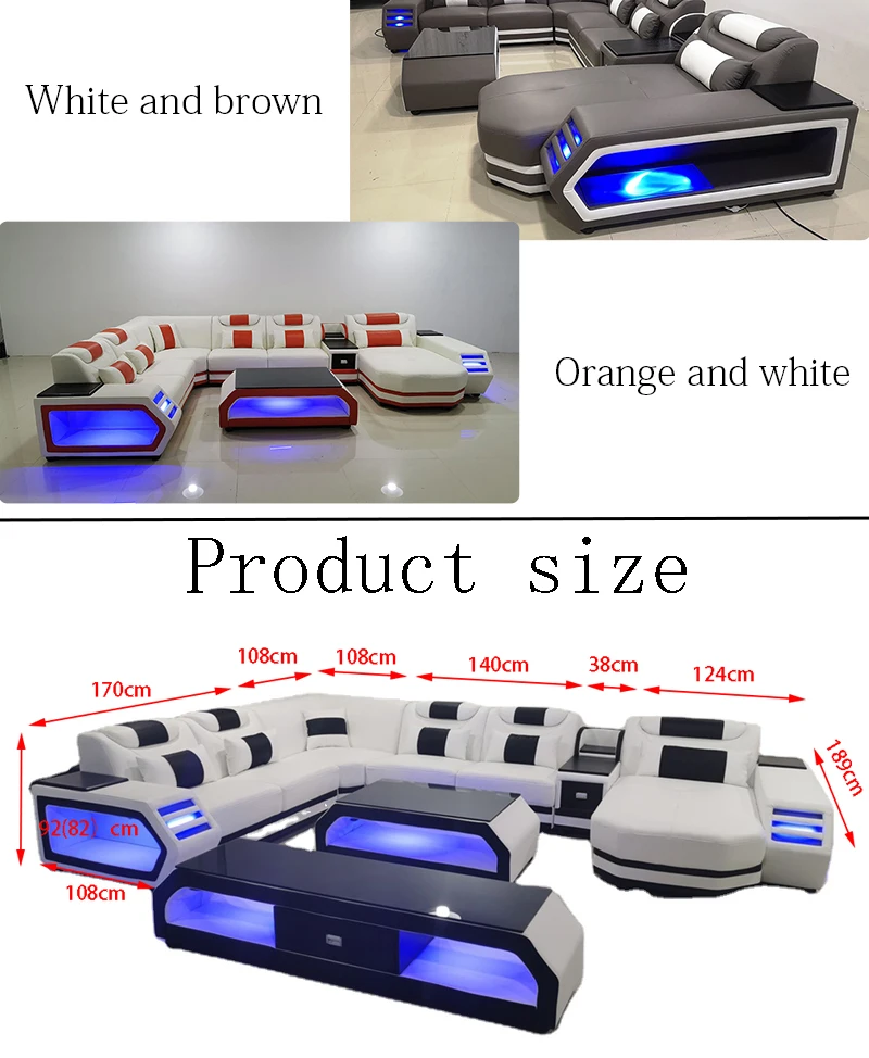 Sofa Set With Led Lights Leather Living Room Furniture Ushaped Functional Sofa Set 7 Seater