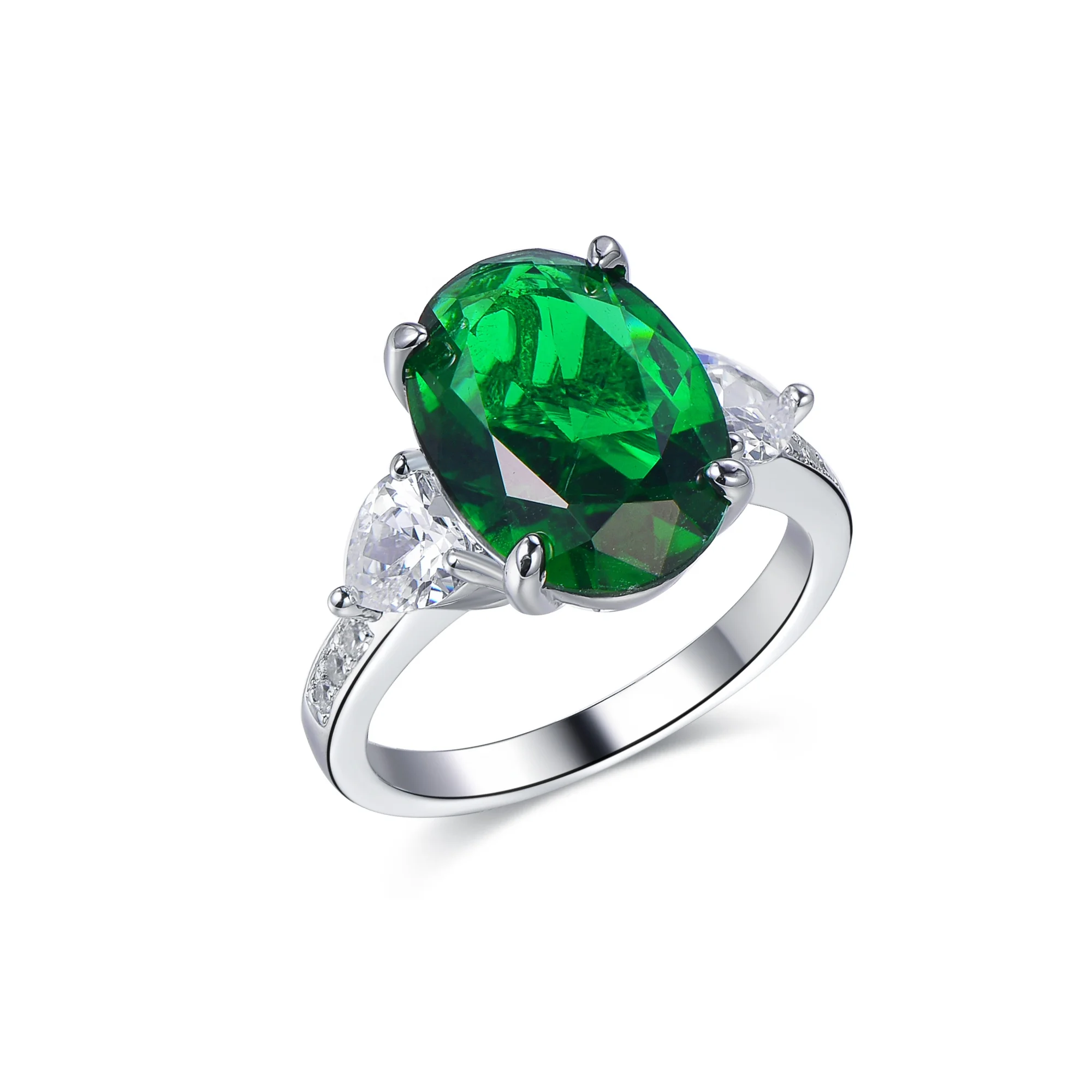 micro prong 925 sterling silver ring jewelry cz oval gemstone white gold ring Women's gift emerald rings