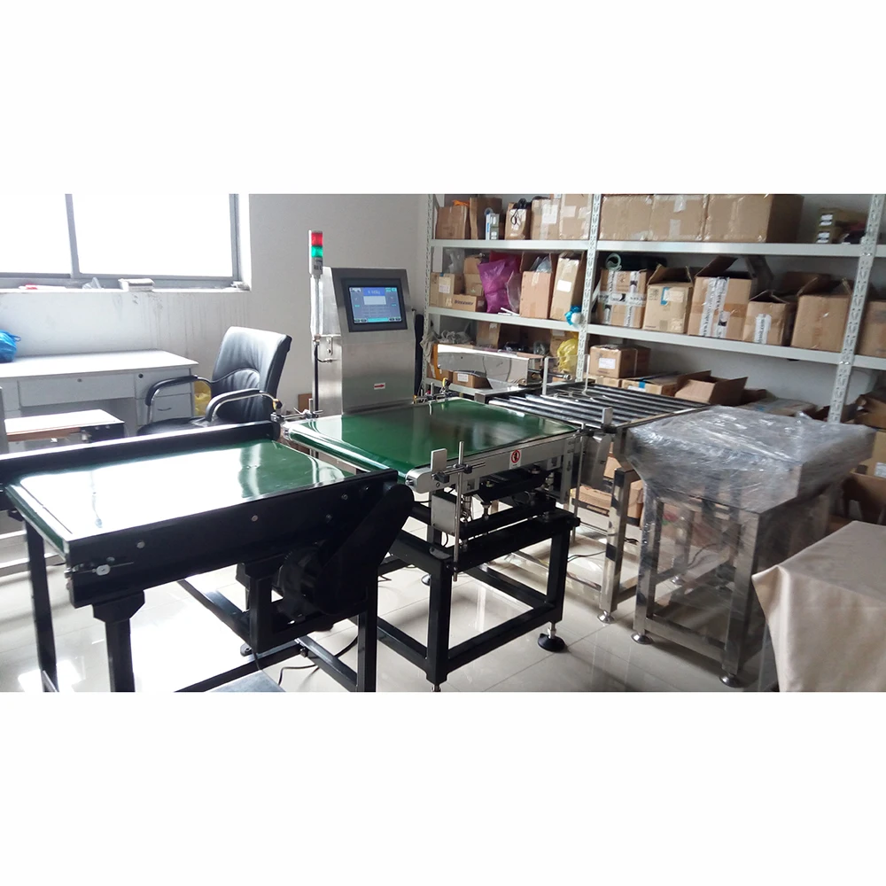 Weight Checking Sorting Checkweigher with Barcode Scanner Ink Printer Integrated for Carton Container Box Roller Pusher Rejector