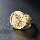 Gold Ring 18k Men Rings Mens Designer Ring Hip Hop Round Coin Design Gold Archangel Medal St Michael Catholic Jewelry Ring Stainless Steel 18k Gold Saint MIchael Men Ring
