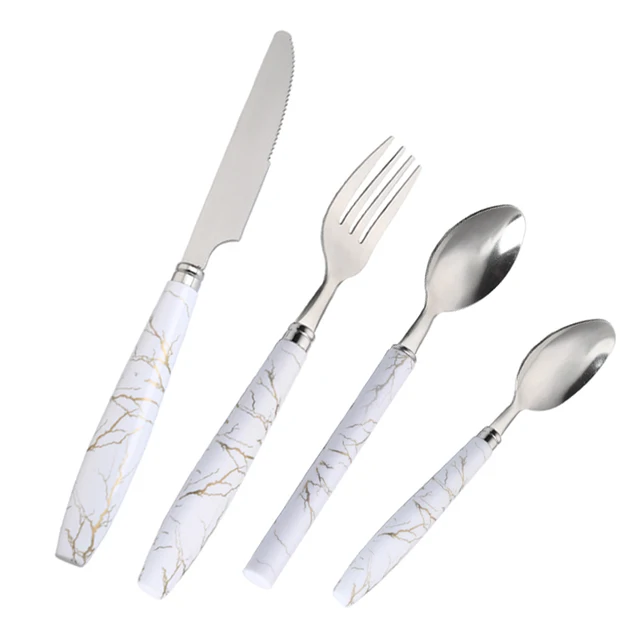 European-Style Round Stoneware 4 Pcs Tableware Set Ceramic Handle Stainless Steel Cutlery Marble Pattern Knife Fork Spoon