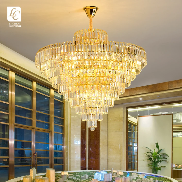 P0058 Luxury Round Gold Crystal Chandelier Modern Tiered LED Pendant Lamp for Living Room