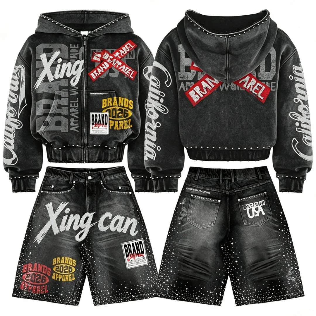 Mandlig vintage acid wash hoodie og shorts-sæt med brugerdefineret broderi, strasskæde, street- og hip hop-inspireret, brugerdefineret tracksuit med digital trykning