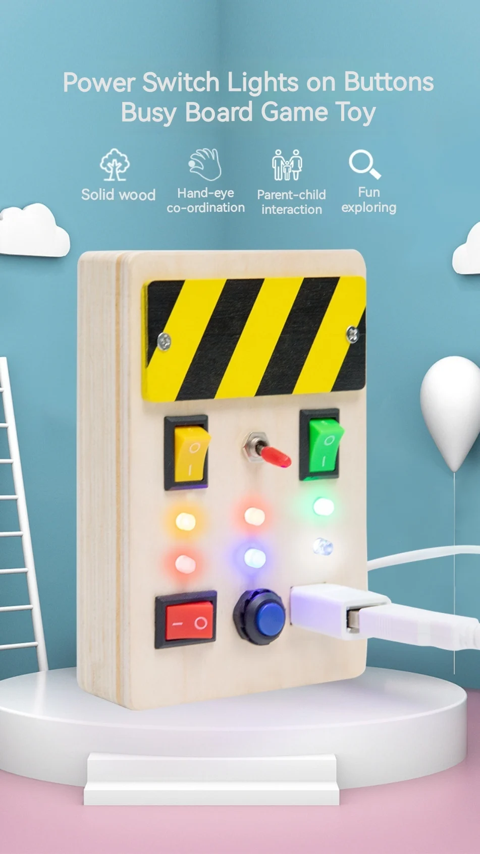 Kids Wood Sensory Busy Board Montessori Educational Led Power Switch ...