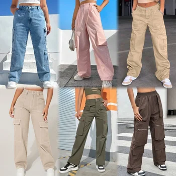 Factory direct wholesale super size casual high waist classic pocket pants wide leg pants women breathable cargo pants OEM women