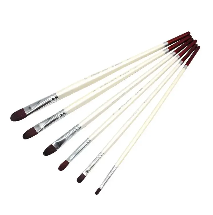 Professional 6pcs Artist Paint Brush Set High Quality Red Nylon Hair Flat Filbert Brushes With Long Wood Handle Art Supplies