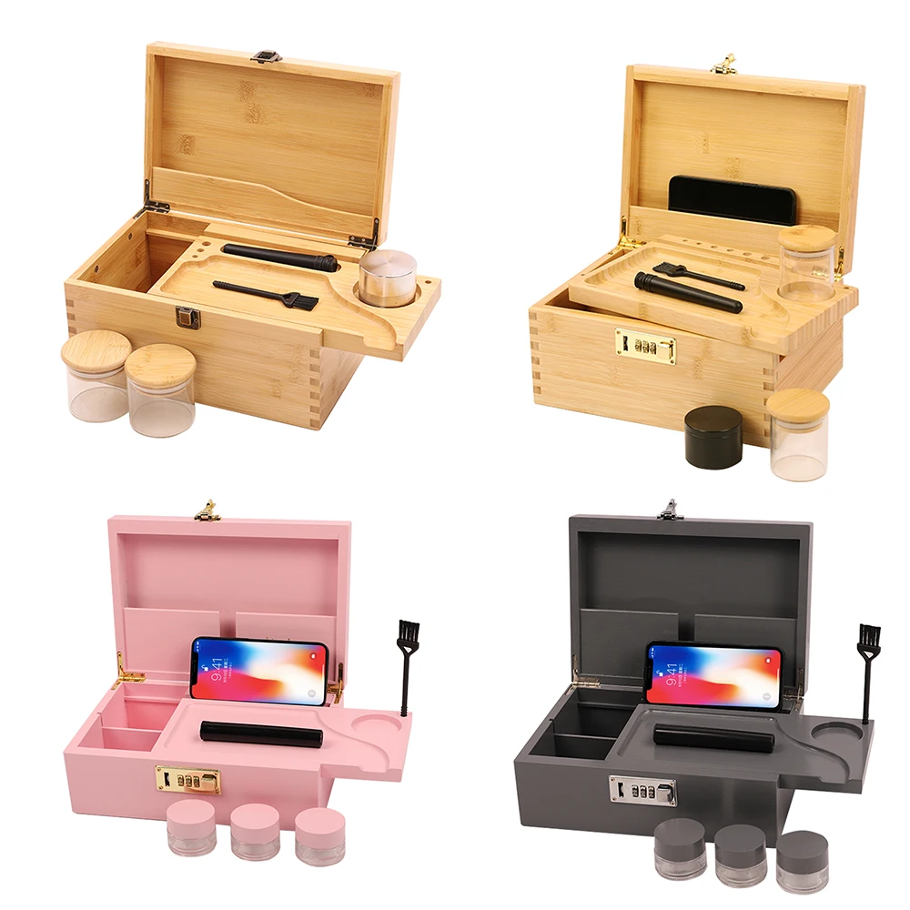 pink Customize LOGO Smoking case Accessories Nature Bamboo Wooden Smoking Herb Stash Box with Jars Lock Combo Kit