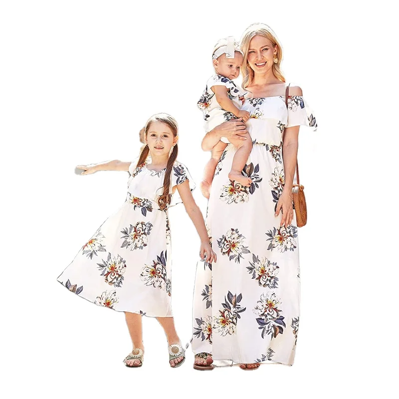 PopReal Mommy And Me Dresses Floral Printed Chiffon Bowknot Ruffles Short Sleeve Beach Mom Daughter Matching Outfits